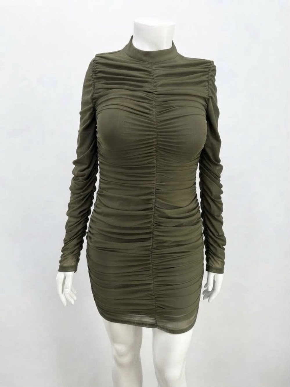 Fashion Nova Olive Green Ruched Mesh Bodycon Mini Dress Mock Neck 1X Large